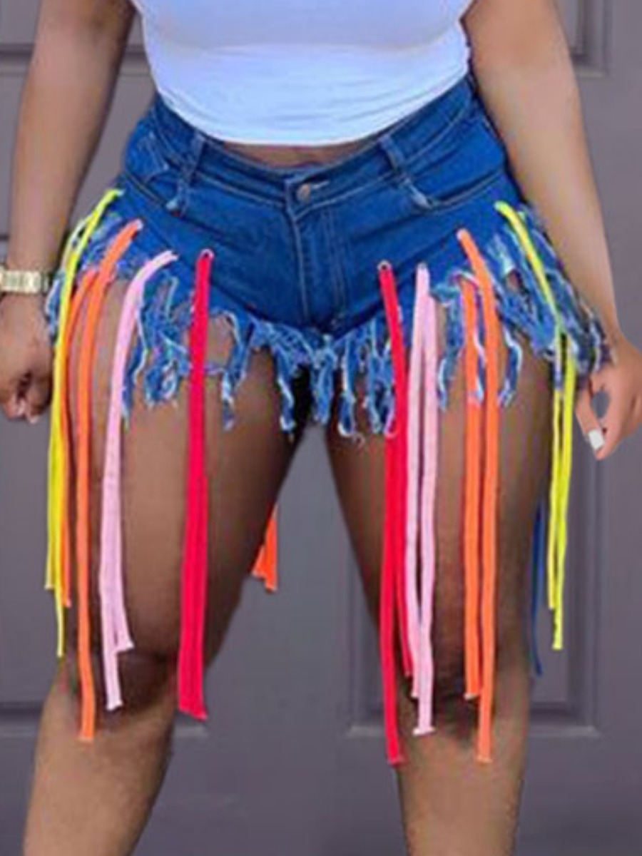 

Lovely Tassel Design Patchwork Denim Shorts, Blue