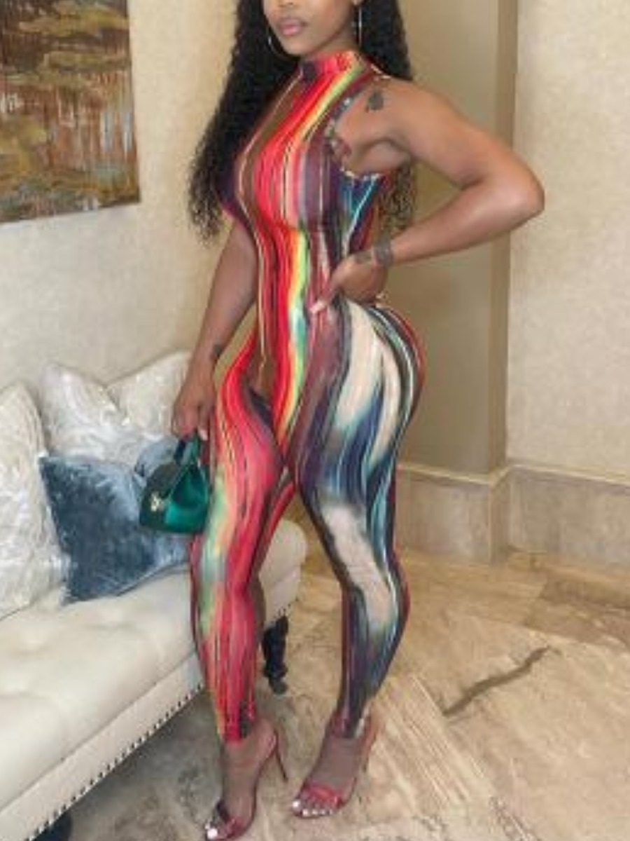 

LW Half A Turtleneck Tie-dye One-piece Jumpsuit, Multi