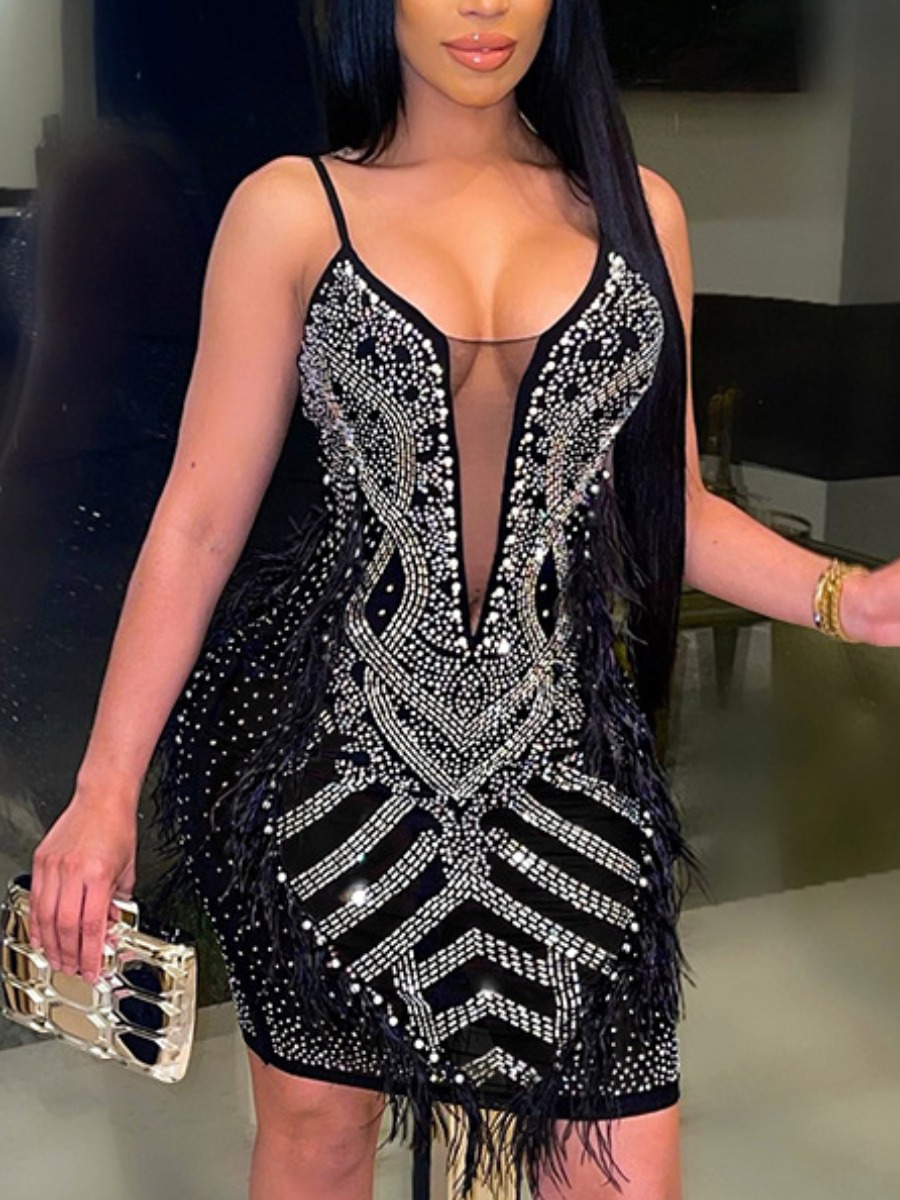 

LW Sequined See-through Cami Prom Dress, Black