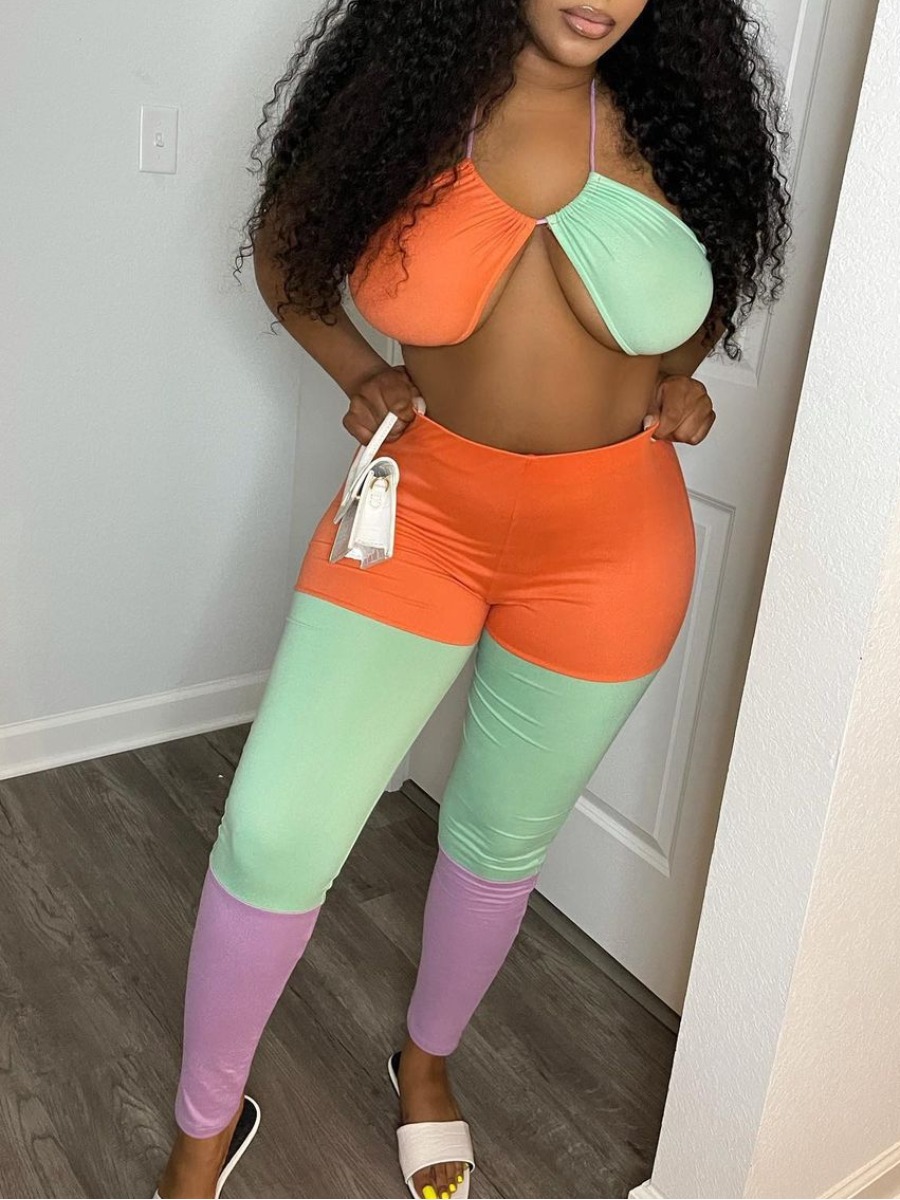 

Lovely Backless Color-lump Two Piece Pants Set, Orange