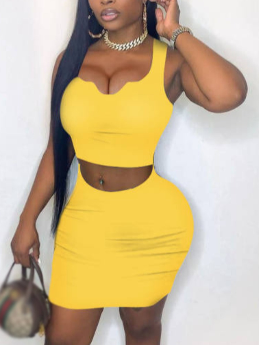 

LW SXY U Neck Basic Skinny Two Piece Skirt Set, Yellow