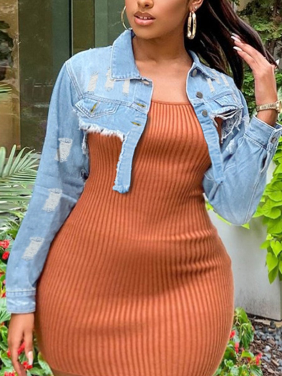 

LW Plus Size Ripped Crop Top Denim Coat, Baby blue