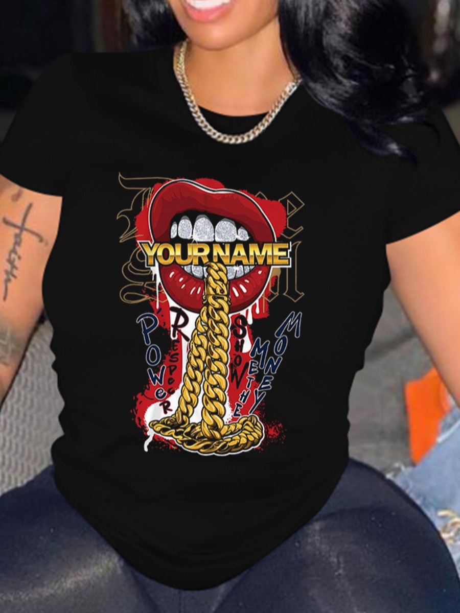 

LW Lip Chain Letter Print T-shirt, Black