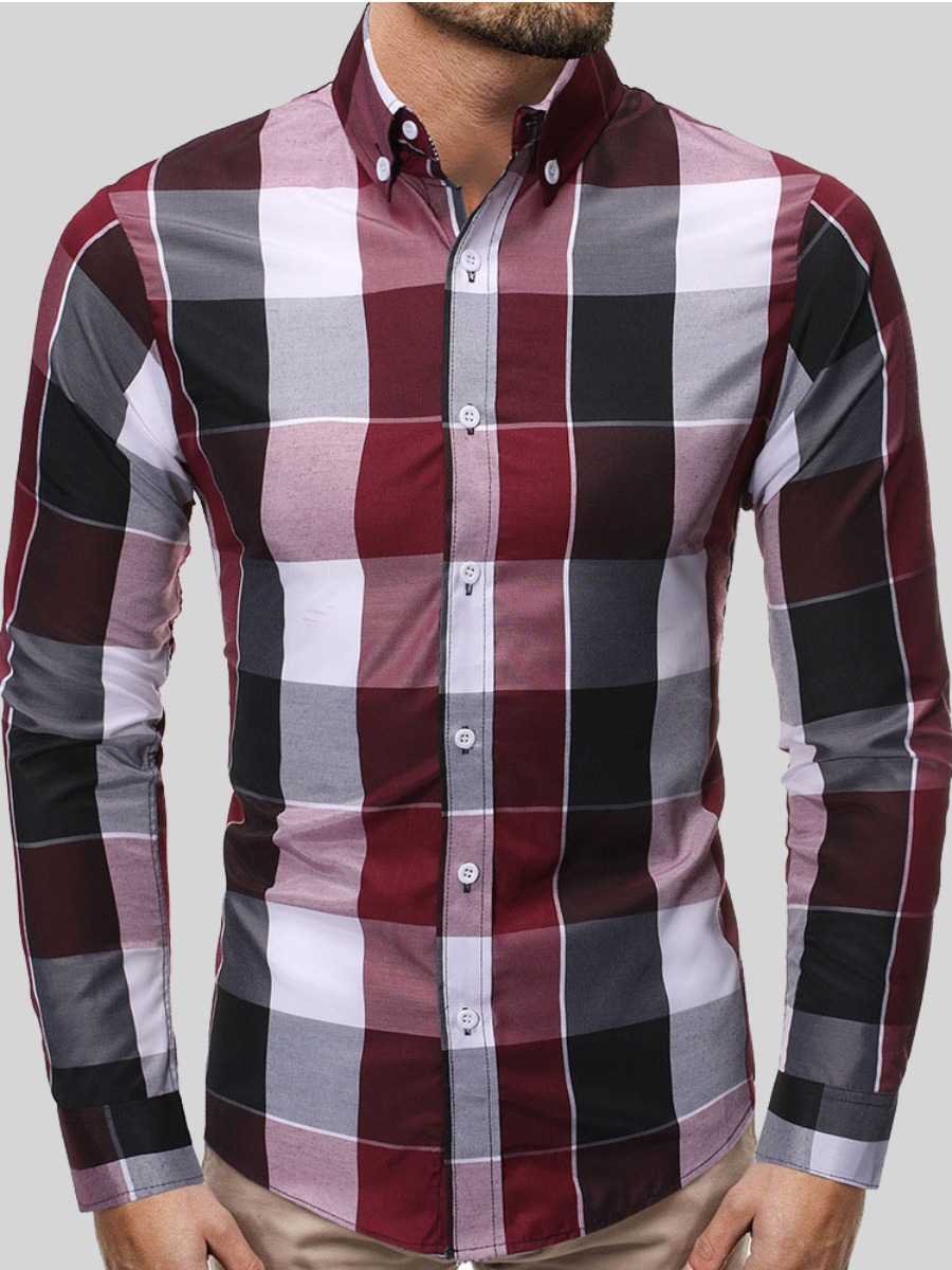

LW Men Plaid Print Patchwork Shirt, Red