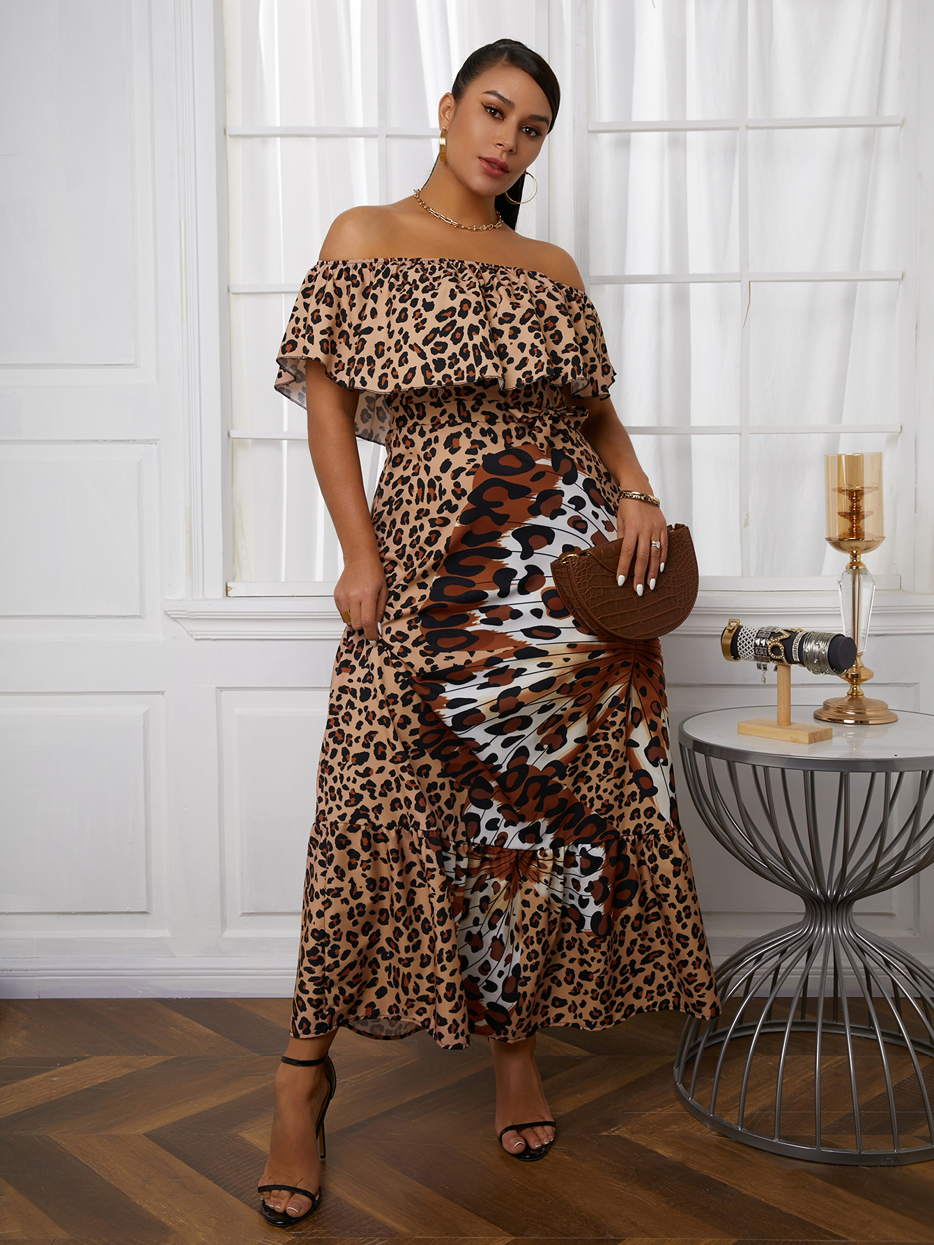 

Lovely Off The Shoulder Butterfly Leopard Print Dress