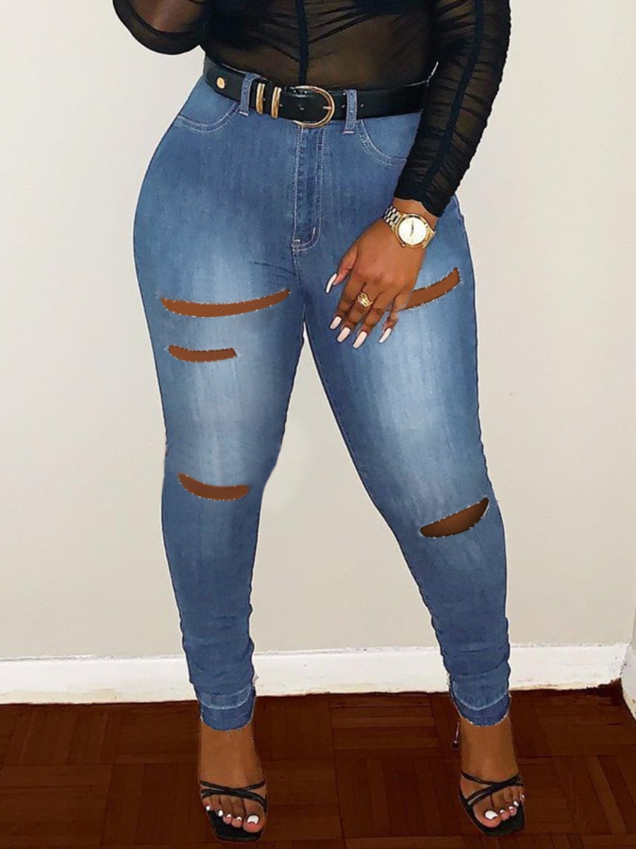 

LW Ripped High-waisted Jeans, Blue