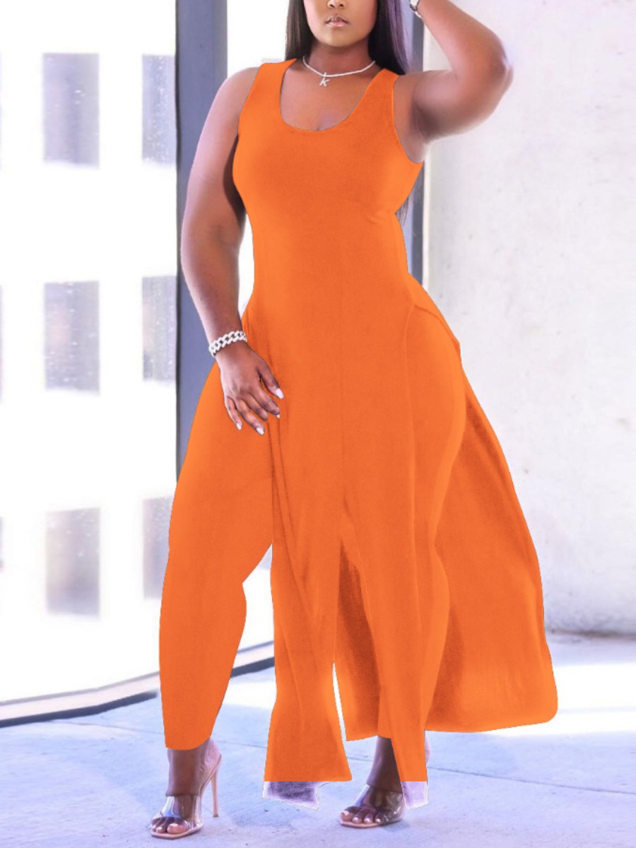 

LW Plus Size U Neck Split Two-piece Pants Set, Croci