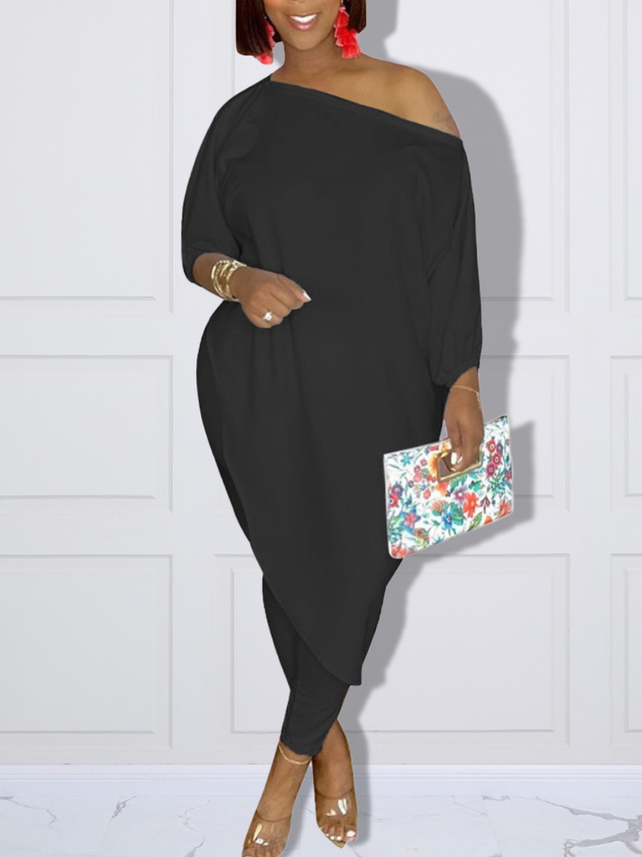

LW Plus Size Boat Neck Asymmetrical Two-piece Pants Set, Black