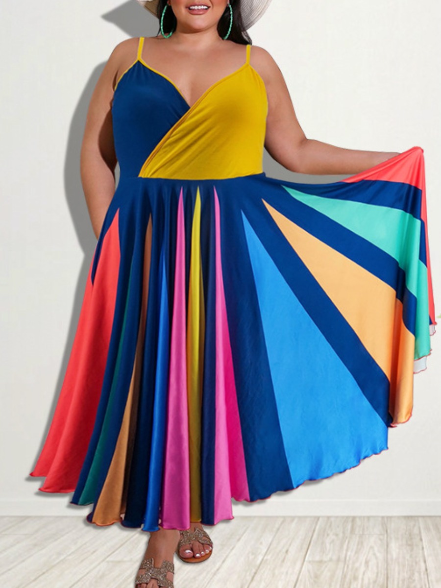

LW Plus Size Color-lump Fold Design A Line Dress, Yellow
