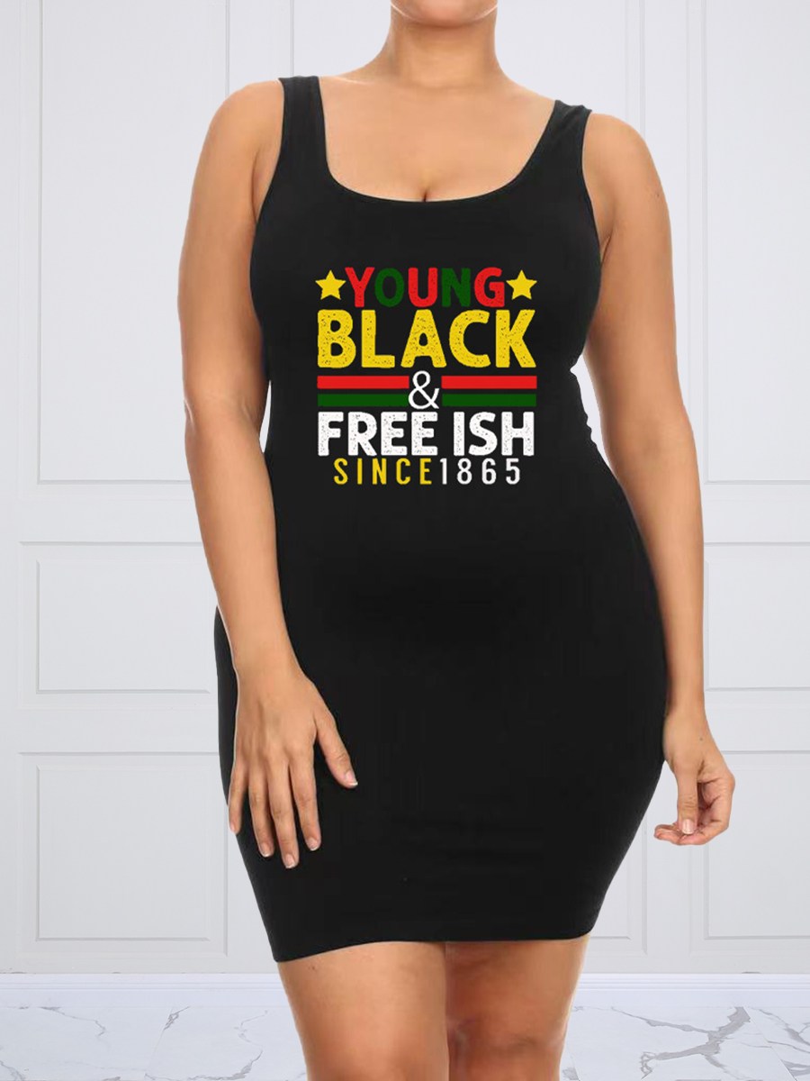 

LW BASICS Plus Size U Neck Letter Print Dress, Black