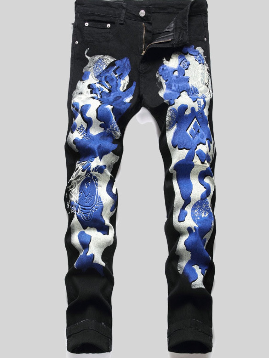 

LW Men Graffiti Print Patchwork Jeans, Black