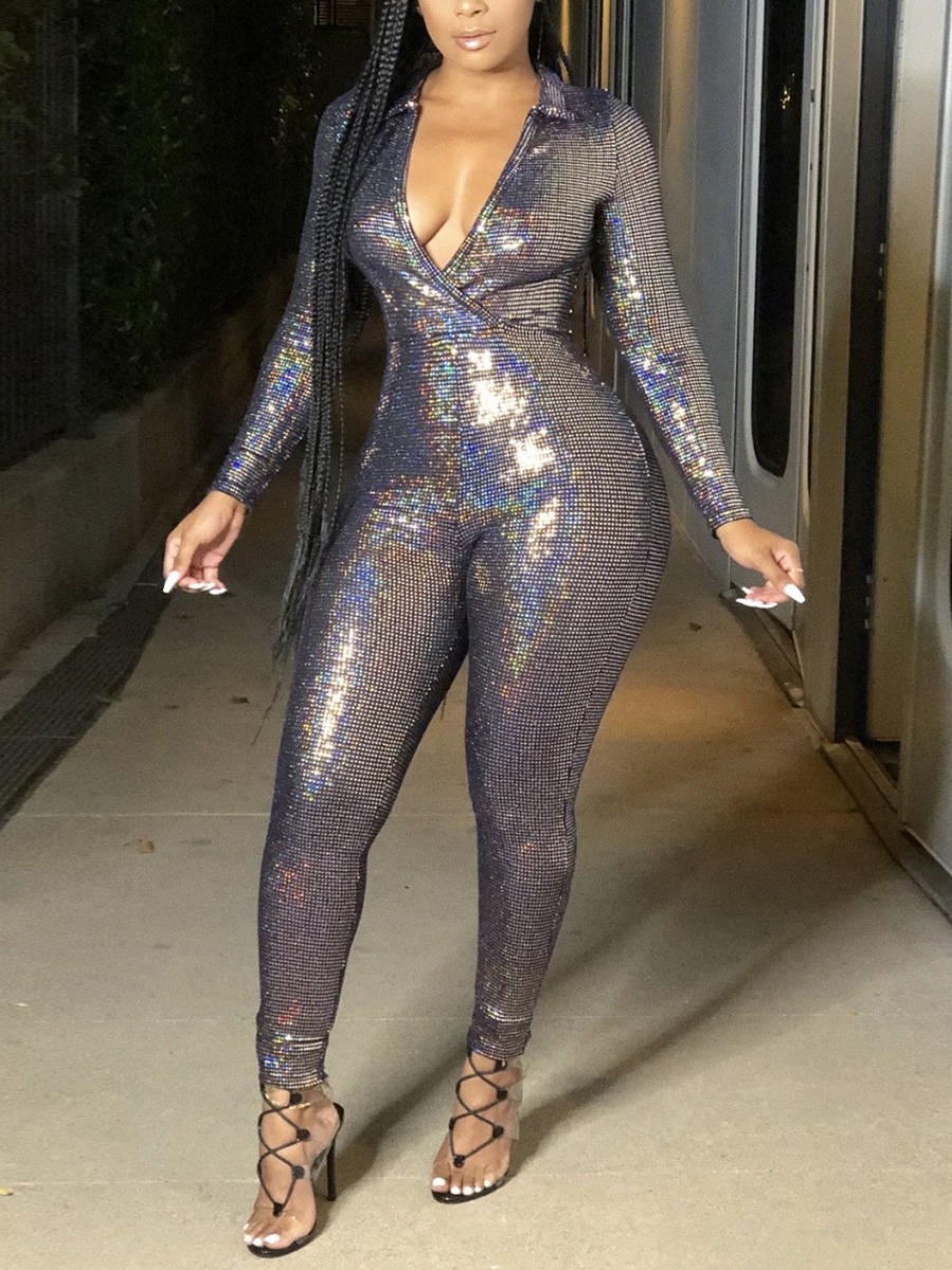 

LW SXY V Neck Sequined One-piece Jumpsuit, Silver