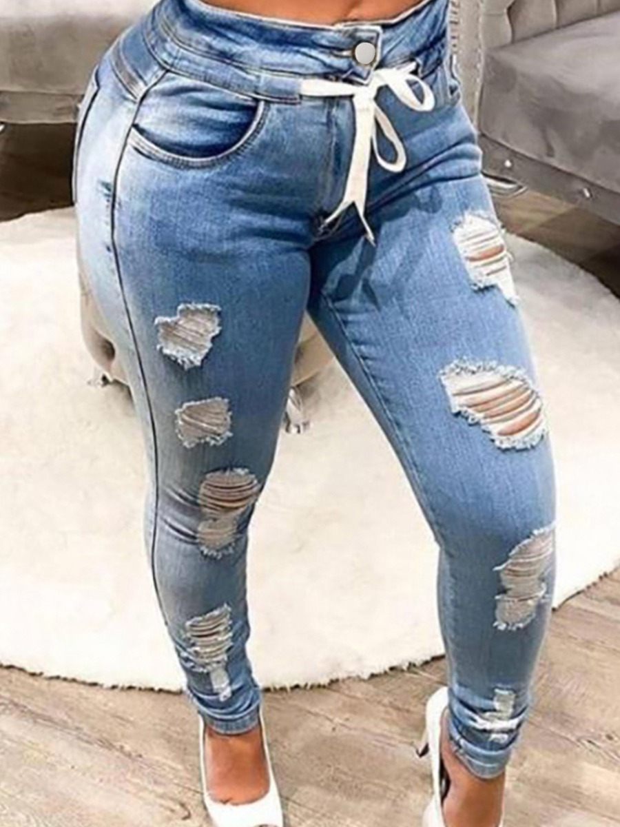 

LW Ripped Drawstring Jeans, Baby blue