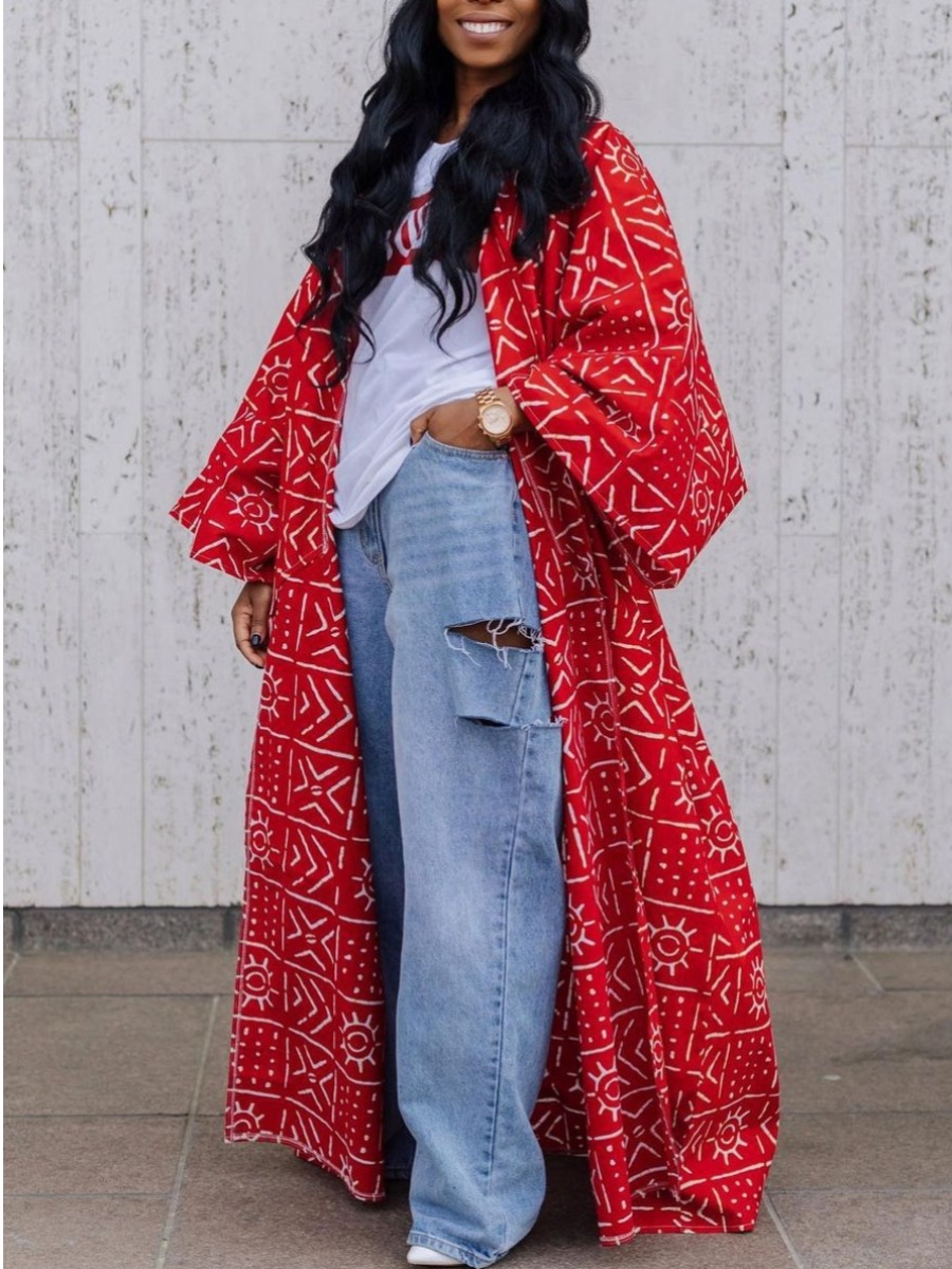 

LW Dropped Shoulder Geometric Print Coat, Red