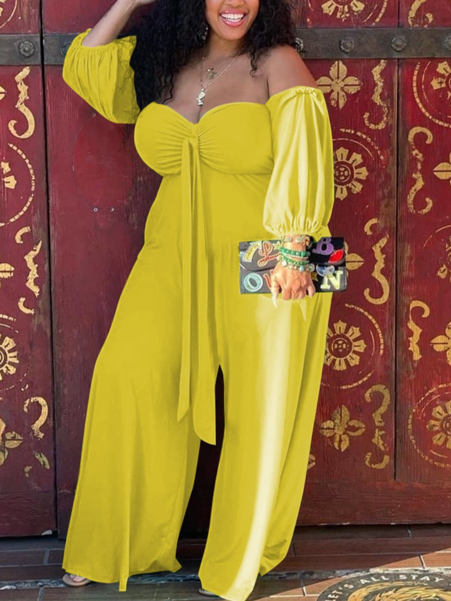 

Lovely Plus Size Off The Shoulder Wide Fit One-piece Jumpsuit, Yellow