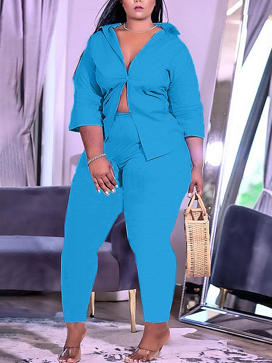 

LW Plus Size Turndown Collar Button Design Two-piece Pants Set, Blue