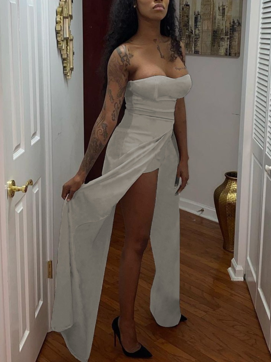 

LW SXY Off The Shoulder High Split One-piece Jumpsuit, Grey
