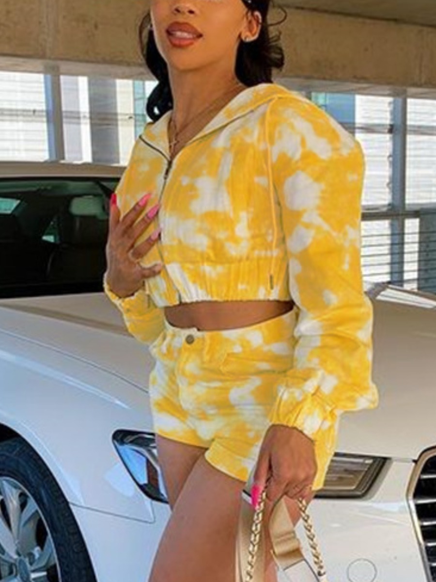 

LW Hooded Collar Tie-dye Crop Top Tracksuit Set, Yellow