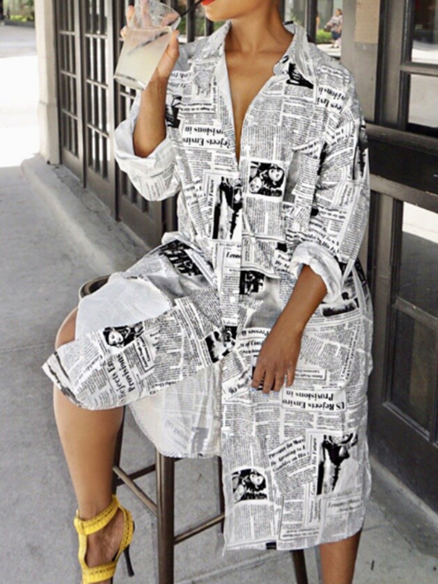 

LW Newspaper Letter Print Shirt Dress, White