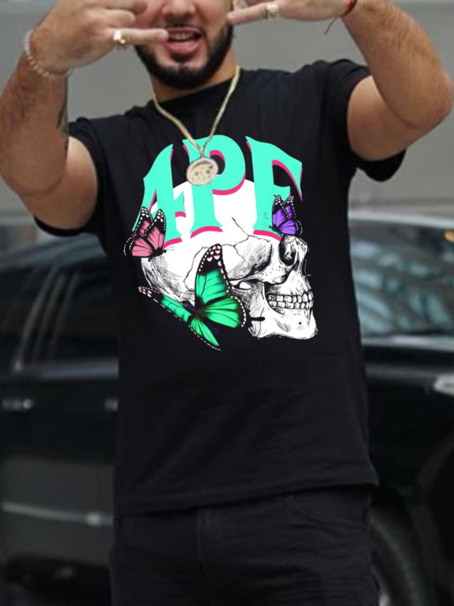

LW Men Skull Head Butterfly Letter Print T-shirt, Black