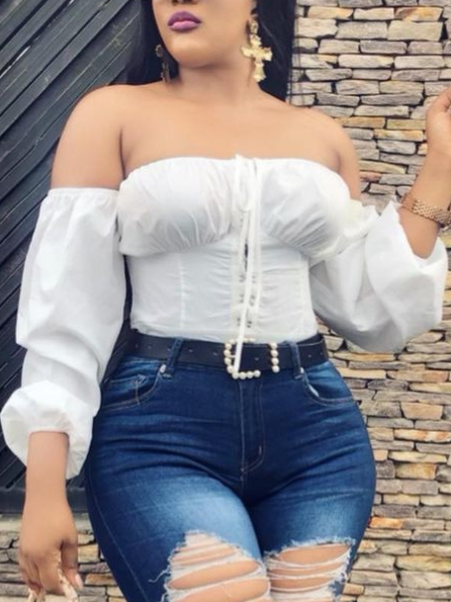 

LW BASICS Off The Shoulder Fold Design Blouse, White