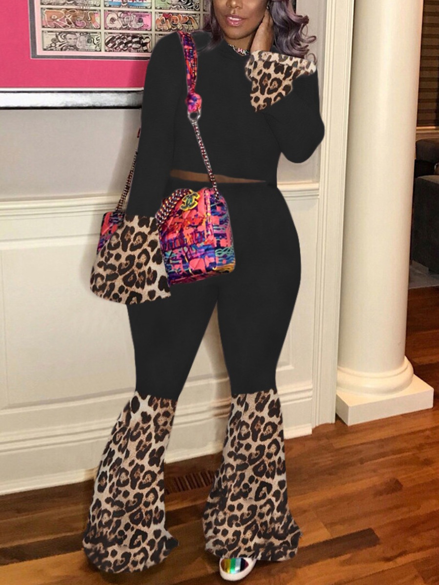 

LW Leopard Print Flared Two Piece Pants Set, Black