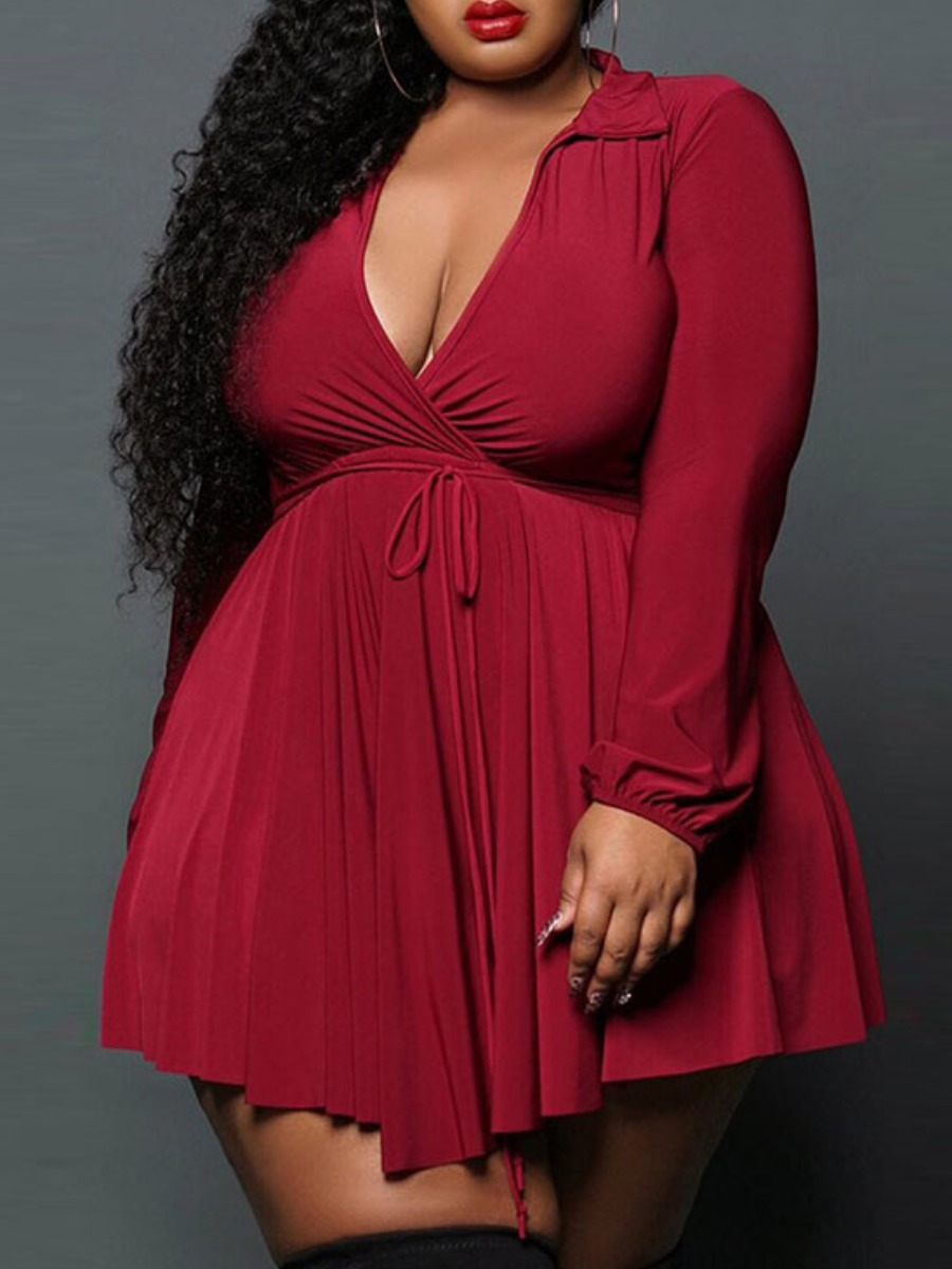 

Lovely Plus Size Turndown Collar Drawstring A Line Dress, Wine red