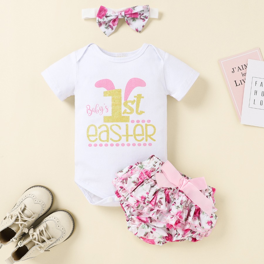 

Lovely Girl Letter Floral Print Three Piece Shorts Set, White