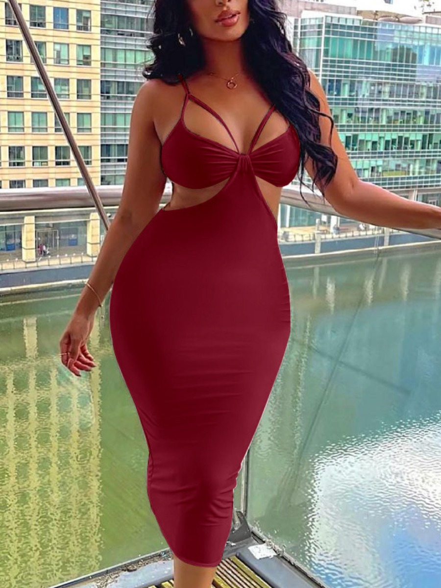 

LW SXY Hollow-out Cami Bodycon Dress, Wine red