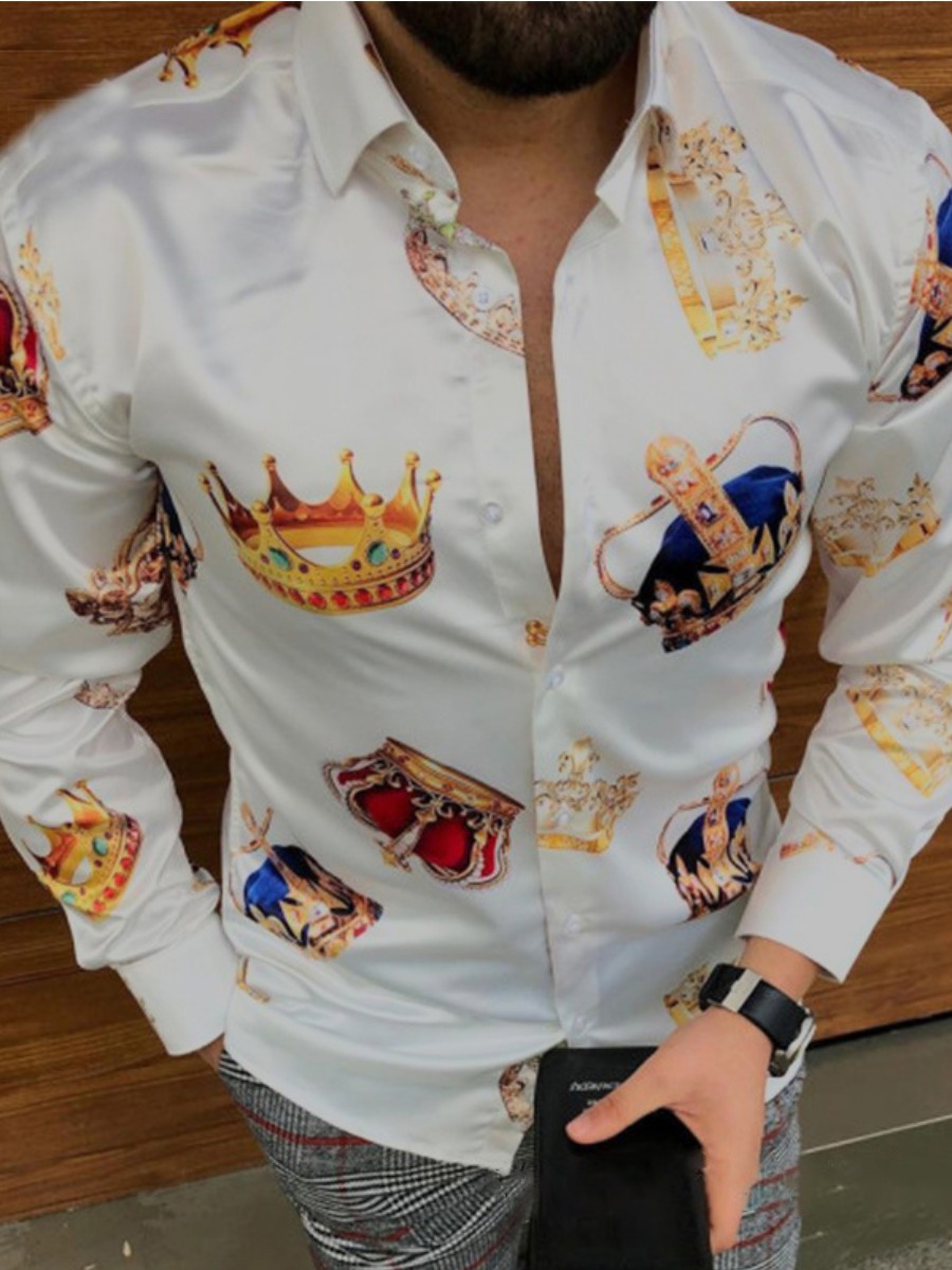

LW Men Turndown Collar Crown Print Shirt, White