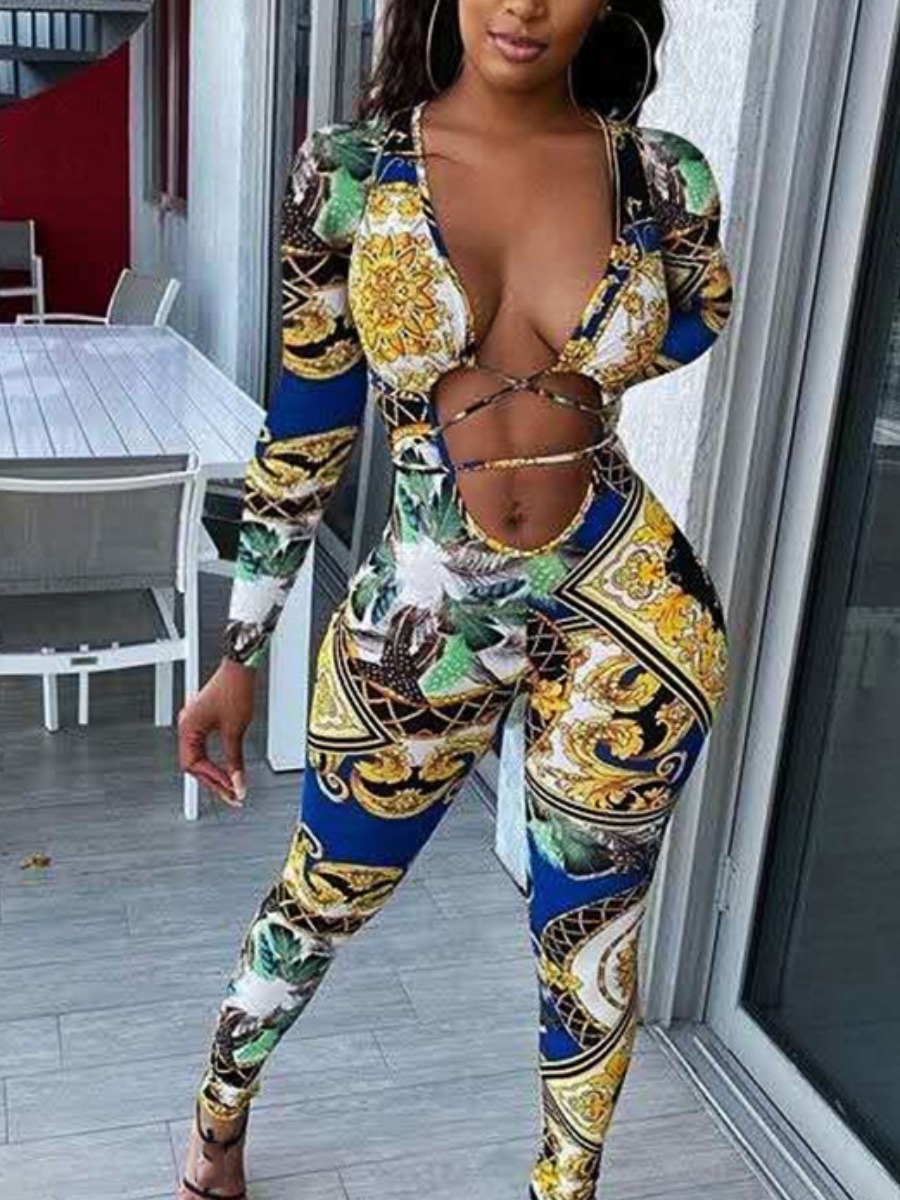

LW SXY Mixed Print Bandage Design One-piece Jumpsuit, Multi