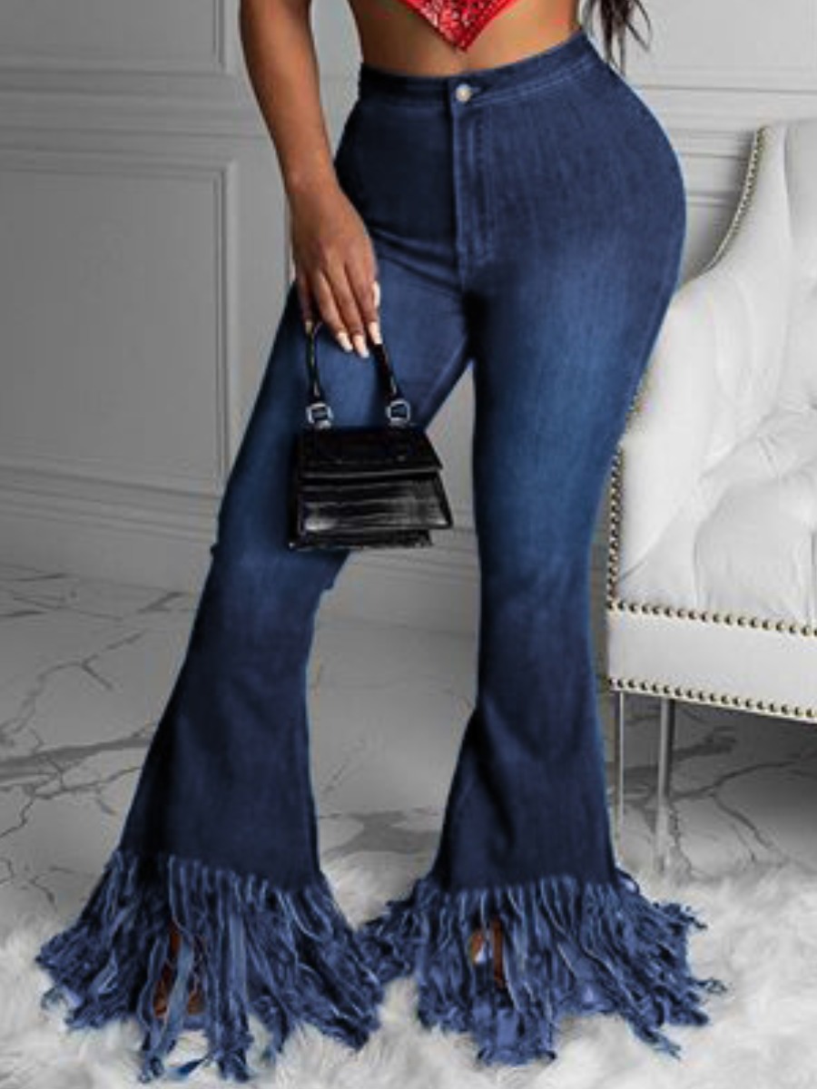 

Lovely Tassel Design Flared Jeans, Deep blue