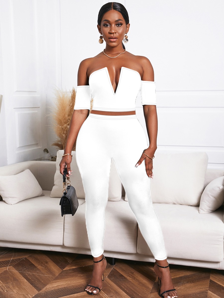 

LW SXY Off The Shoulder Skinny Two Piece Pants Set, White