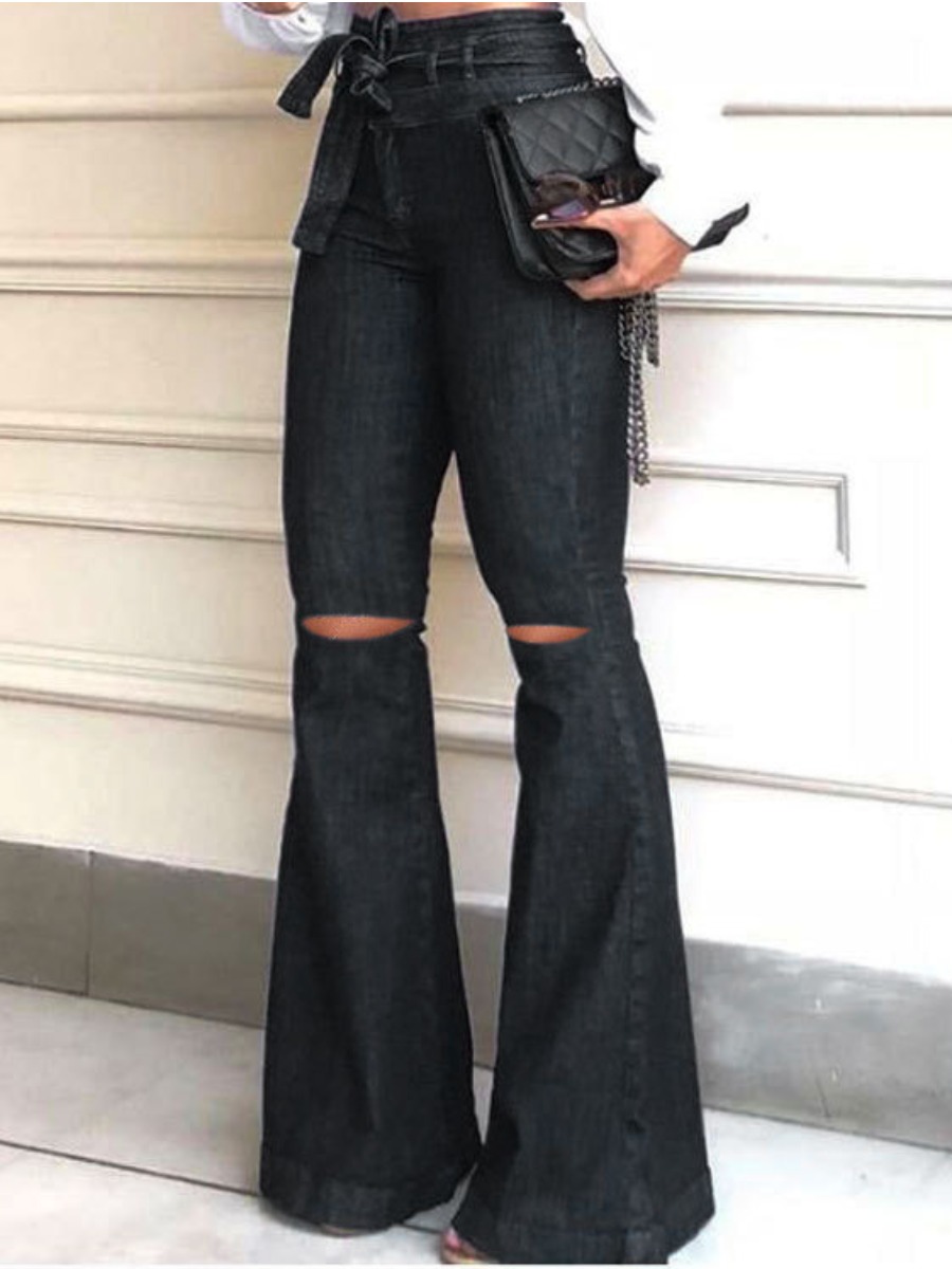 

LW High-waisted Ripped Flared Jeans, Black