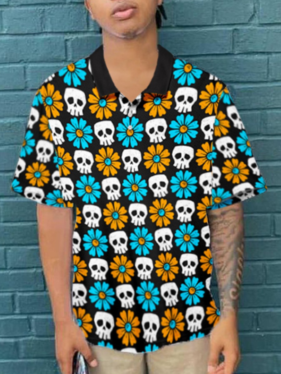 

Lovely Men Skull Head Print Patchwork Polo, Blue