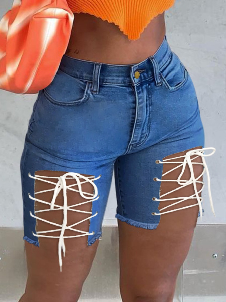 

LW Ripped Bandage Design Denim Shorts, Blue