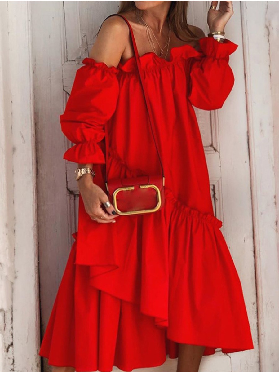 

Lovely Off The Shoulder Fold Design Dress, Red