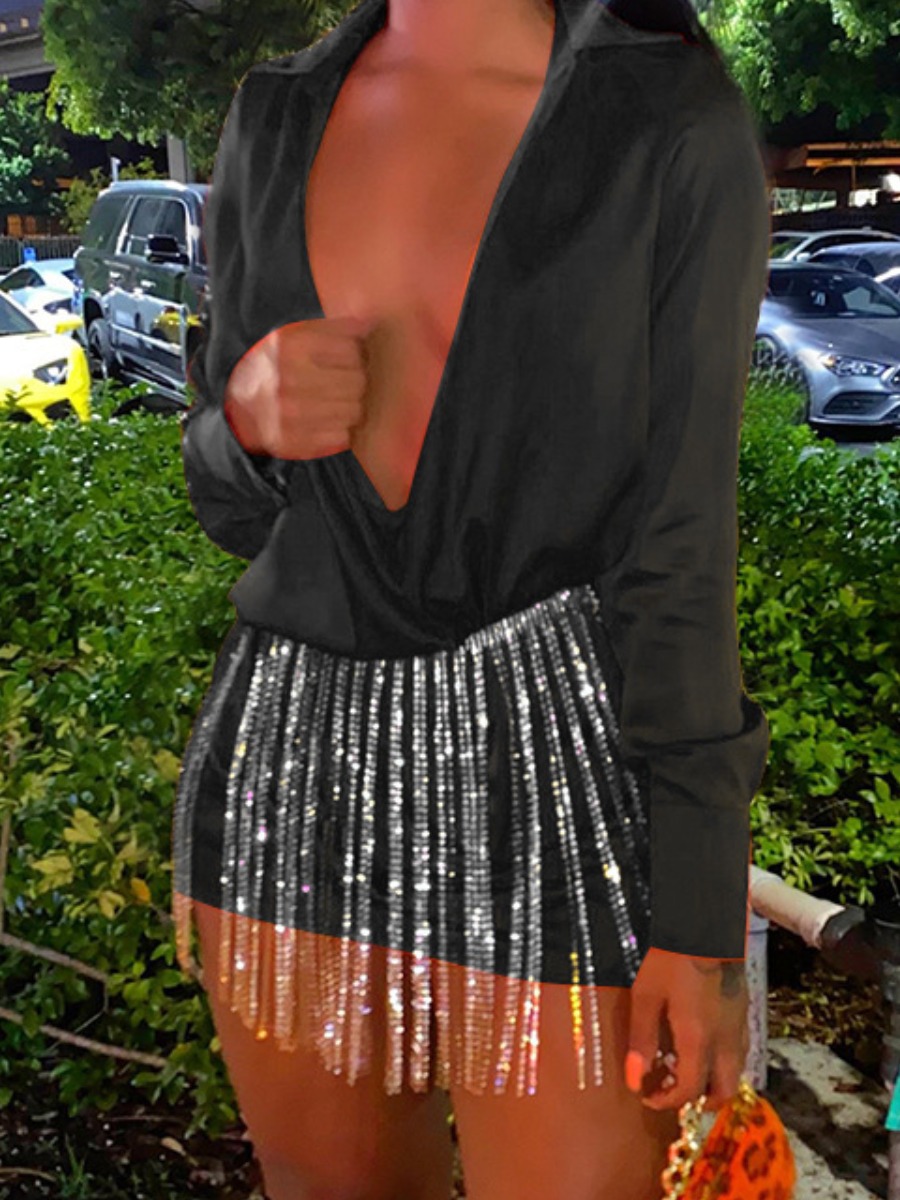 

LW SXY Deep V Neck Sequined Tassel Design Prom Dress, Black