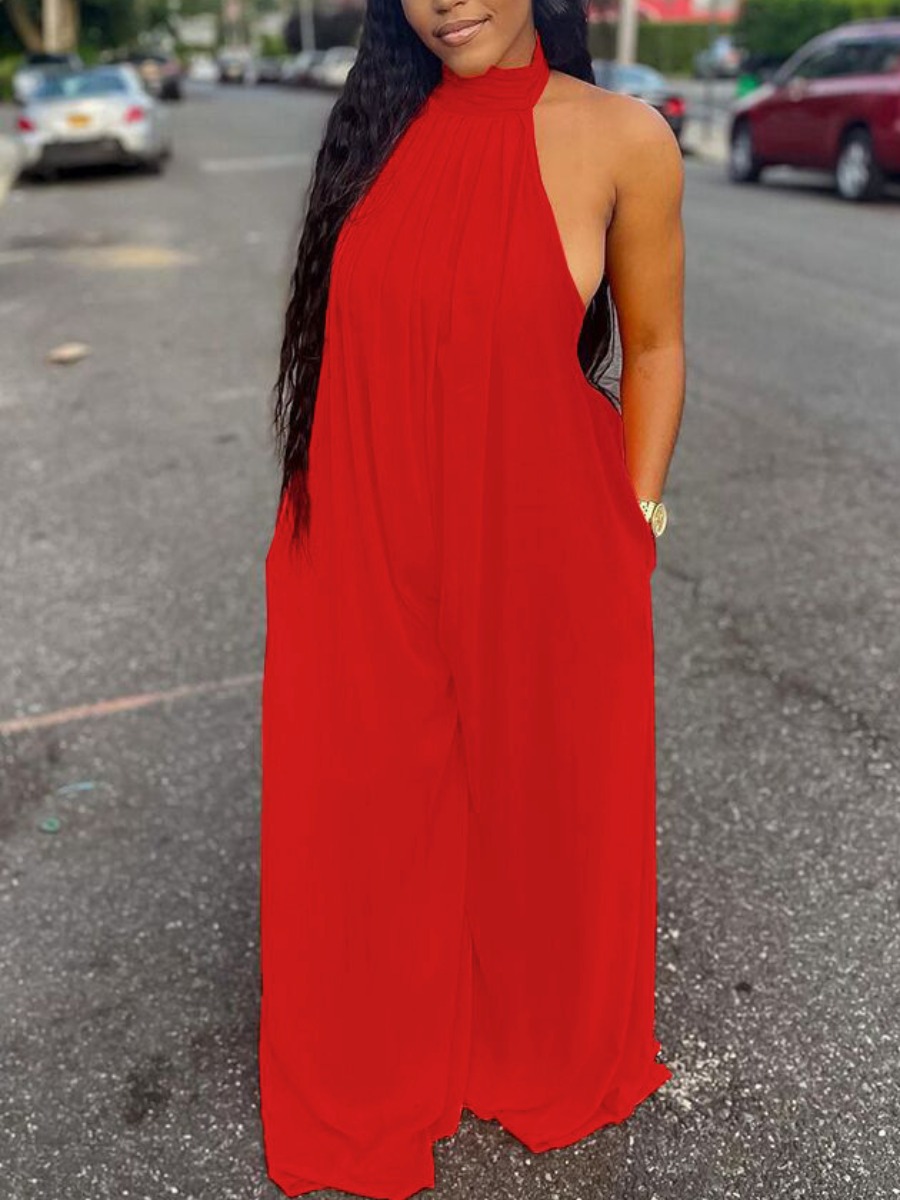 

LW Wide Fit Backless One-piece Jumpsuit, Red