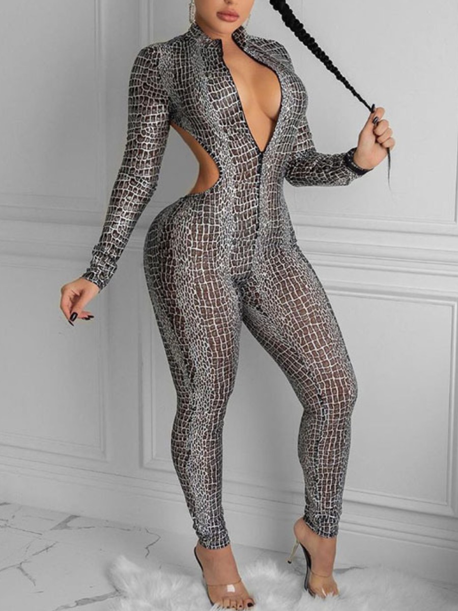 

Lovely Snakeskin Print Backless One-piece Jumpsuit, Cobra