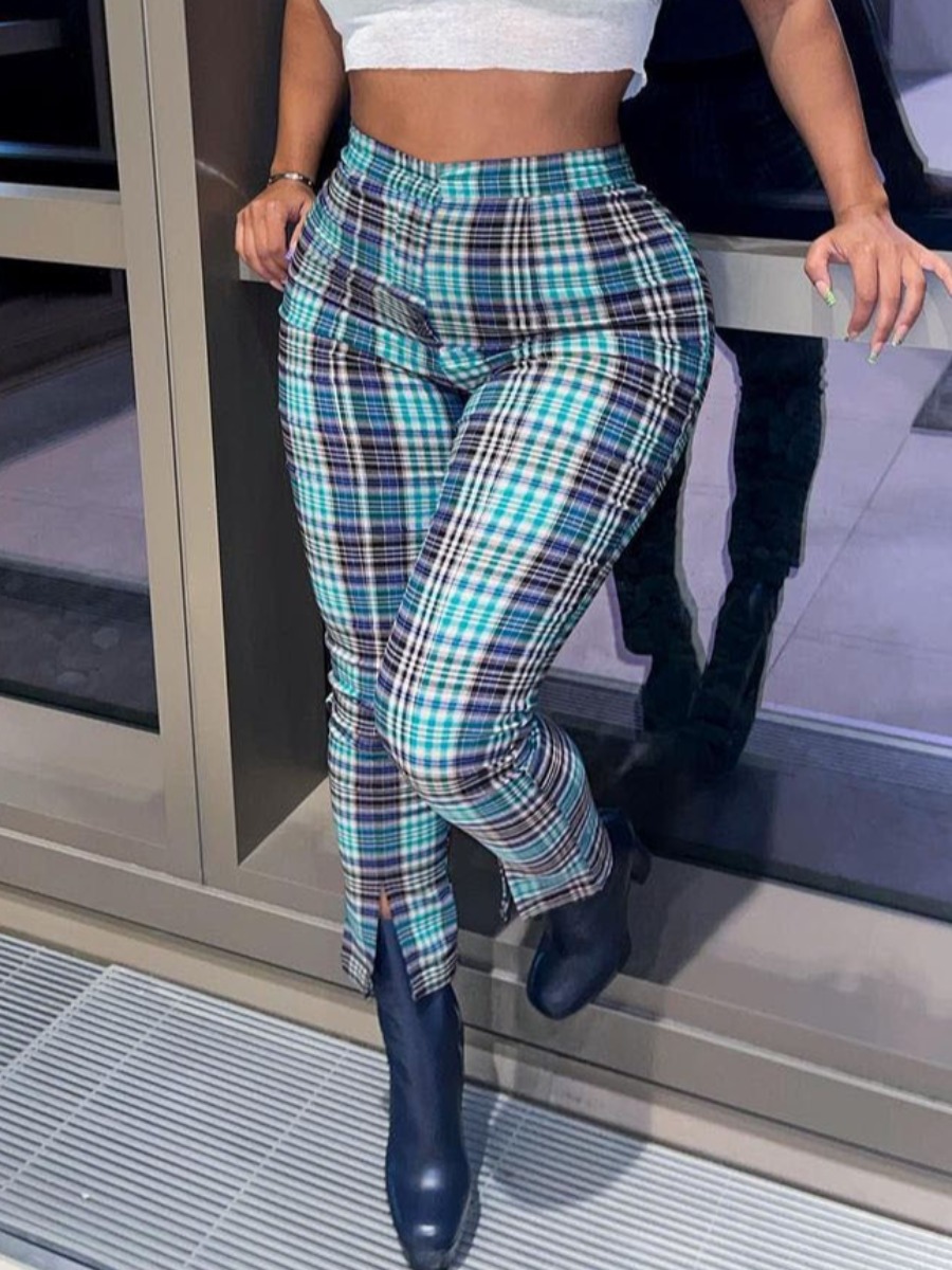 

Lovely Plaid Print Slit Pants, Blue