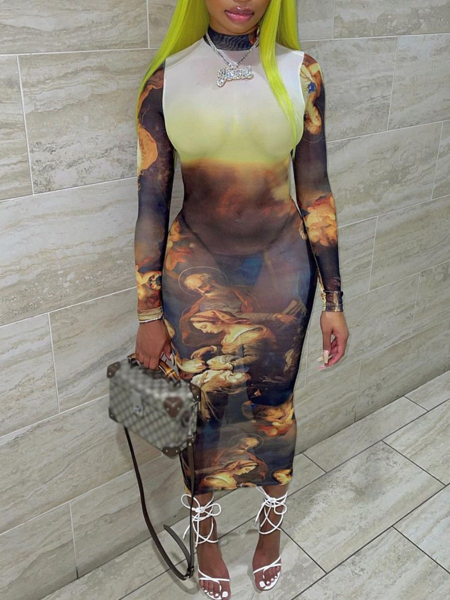 

Lovely See-through Portrait Print Bodycon Dress, Brown
