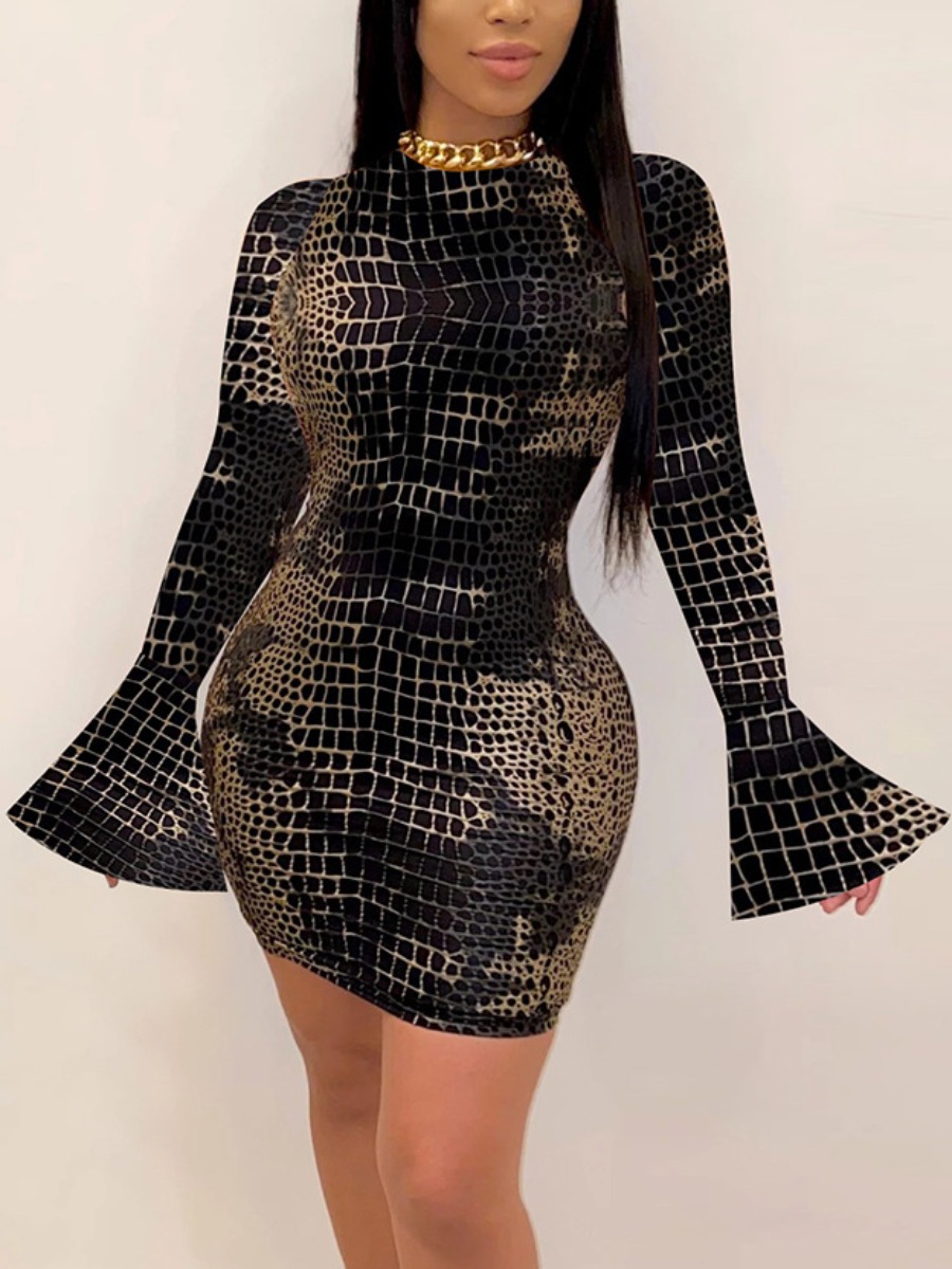 

LW BASICS Animal Print Flared Bodycon Dress, Black
