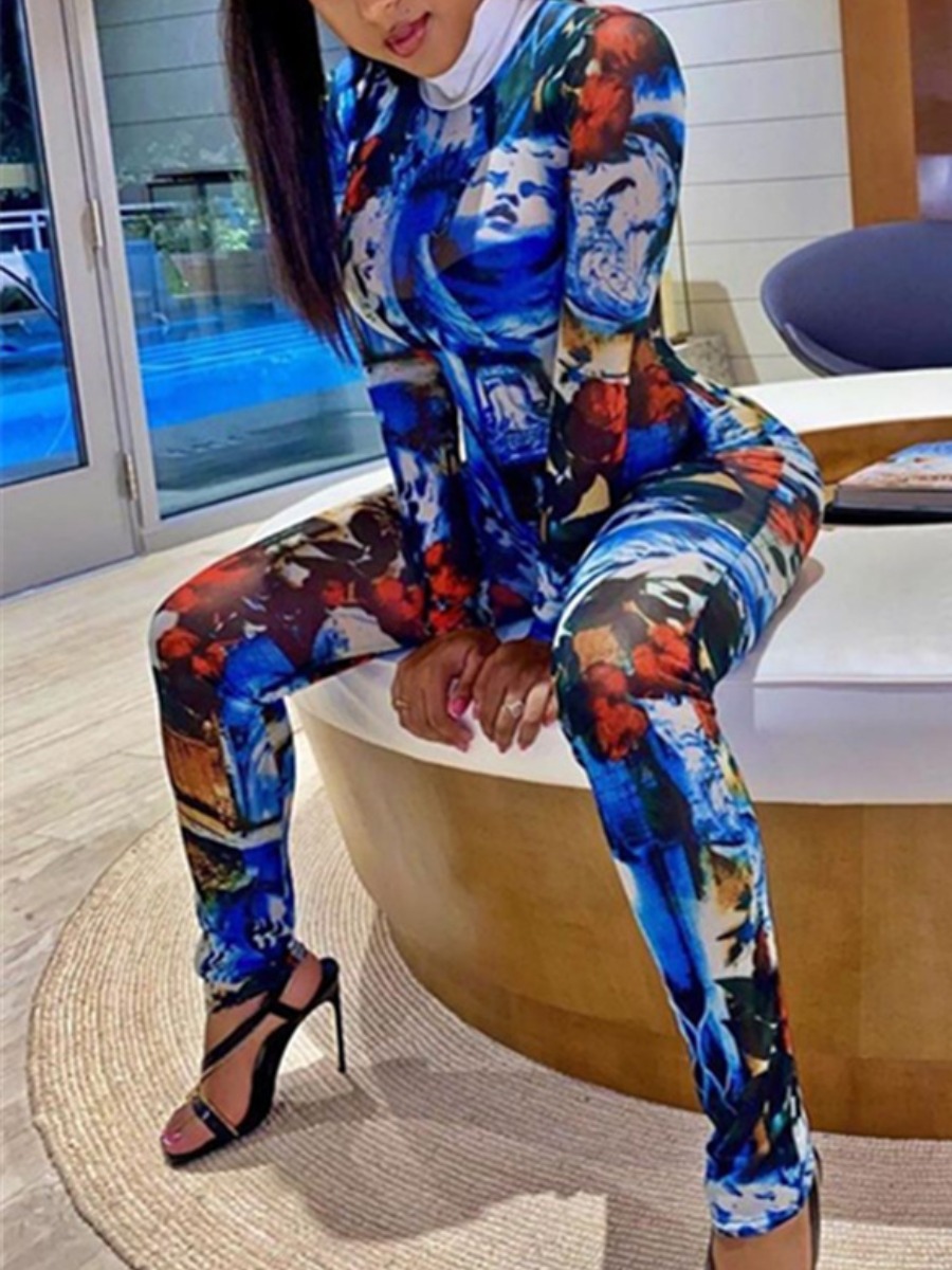 

Lovely Mixed Print Skinny One-piece Jumpsuit, Blue