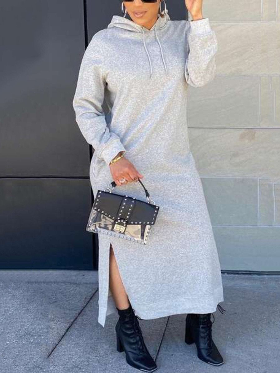 

Lovely Hooded Collar Slit Sweater Dress, Grey