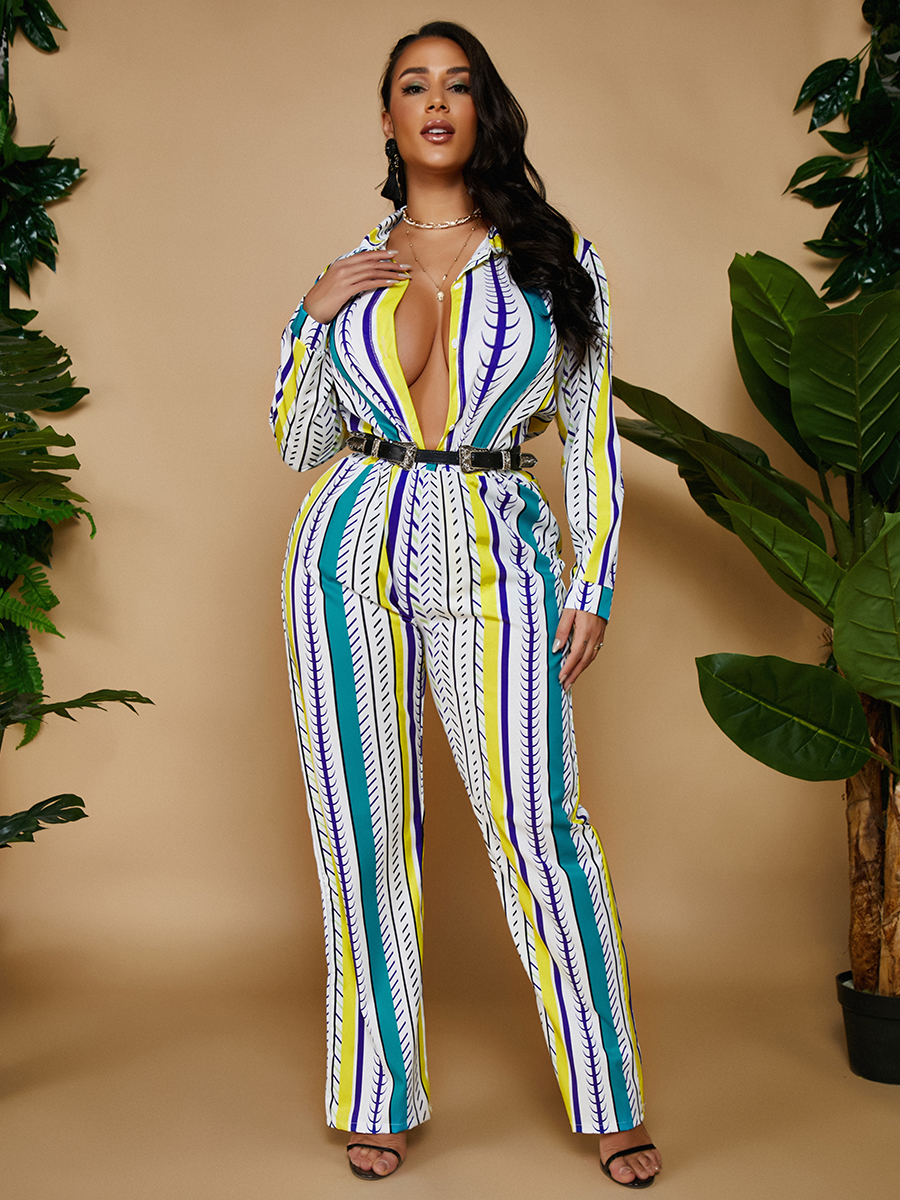 

Lovely Deep V Neck Striped Two Piece Pants Set (Without Belt), Stripe