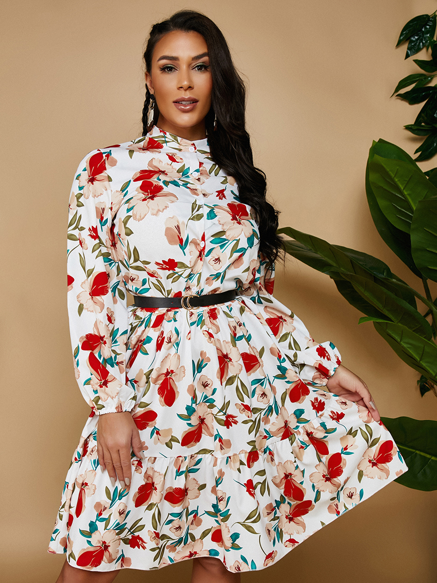 

Lovely Floral Print Button Design A Line Dress (Without Belt), Red