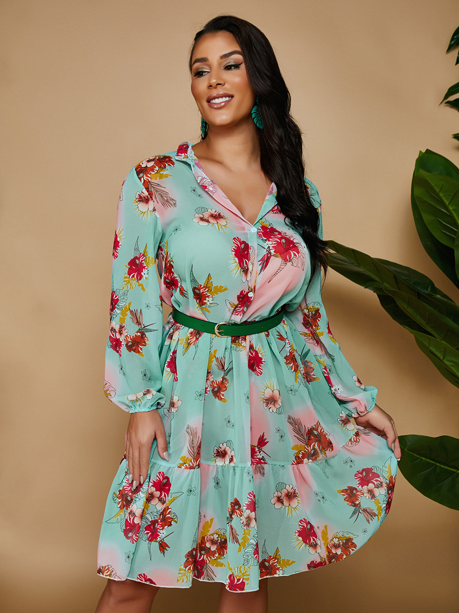 

Lovely Floral Print Button Design A Line Dress (Without Belt), Blue