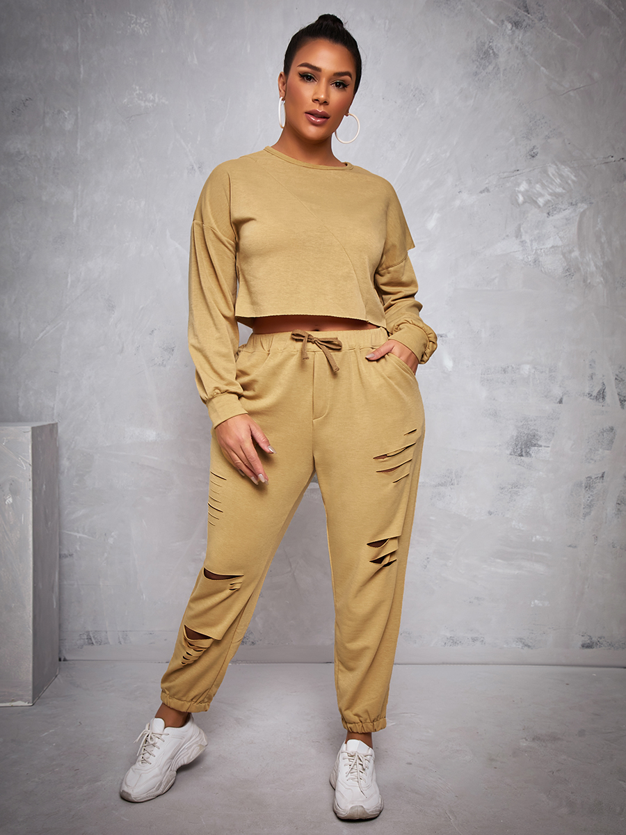 

LW Ripped Drawstring Two Piece Pants Set, Khaki