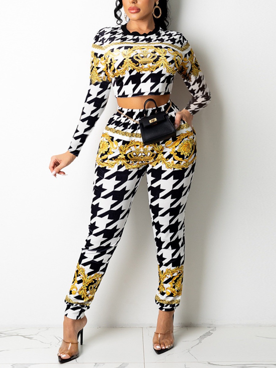 

LW Geometric Print Crop Top Two Piece Pants Set, Black